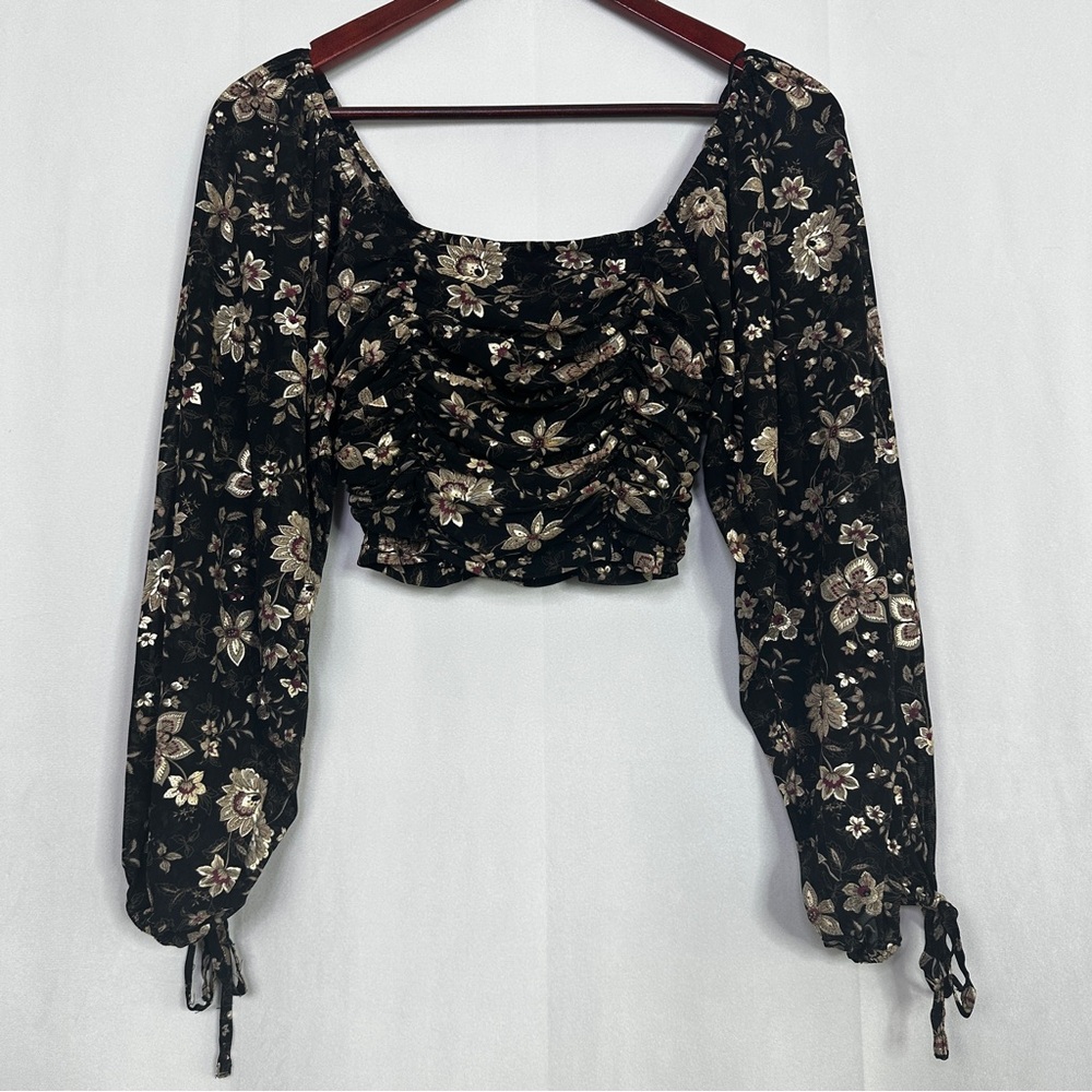 Dress Forum Floral Tube Top Long Sleeve Sheer Ruched Lined Blouse Womens Small